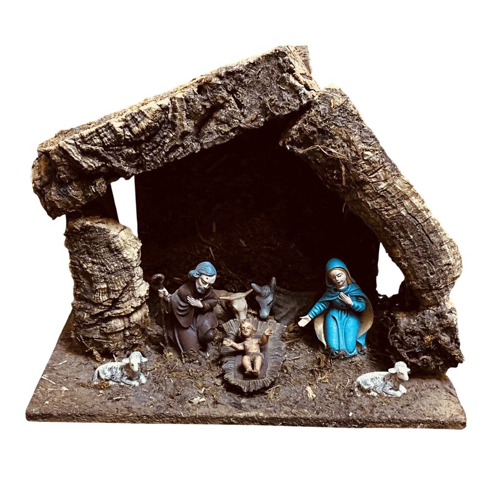 Vintage Rustic Nativity Manger Wood 1960’s Italian Joseph, Mary baby Jesus
